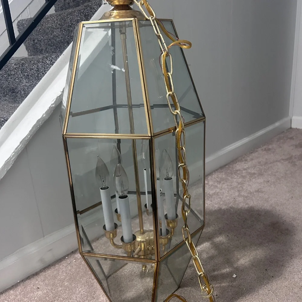 Vintage Fredrick Ramond Hanging 6 Light Candelabra Chandelier Beveled Glass